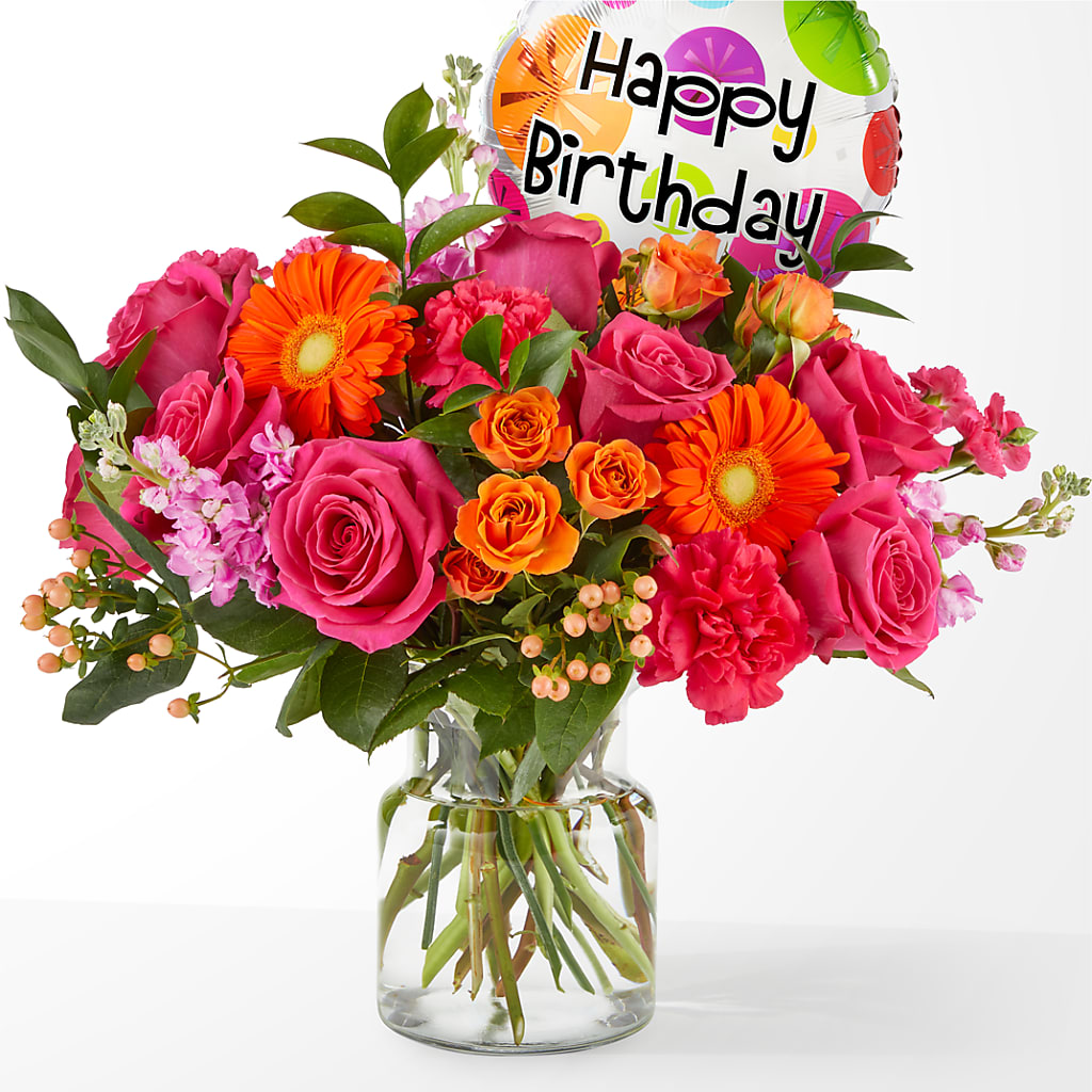 Fiesta Bouquet with Birthday Balloon – Open Blooms Chantilly, Chantilly VA