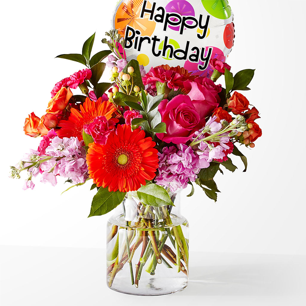 Fiesta Bouquet with Birthday Balloon – Open Blooms Chantilly, Chantilly VA