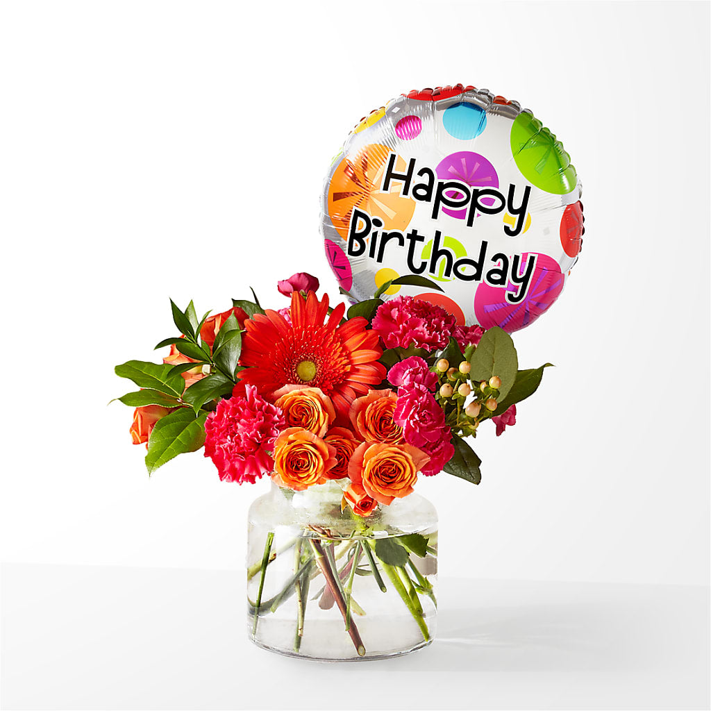 Fiesta Bouquet with Birthday Balloon – Open Blooms Chantilly, Chantilly VA
