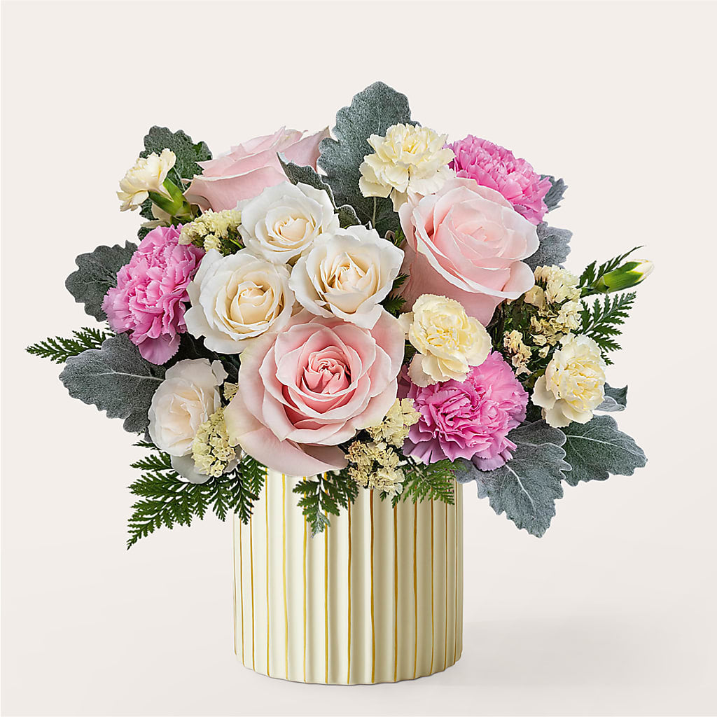 Blissful Moments Bouquet with Ivory Vase – Open Blooms Chantilly, Chantilly VA
