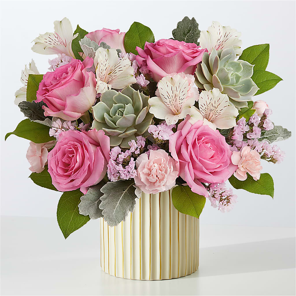 Dusty Rose Bouquet with Ivory Vase – Open Blooms Chantilly, Chantilly VA