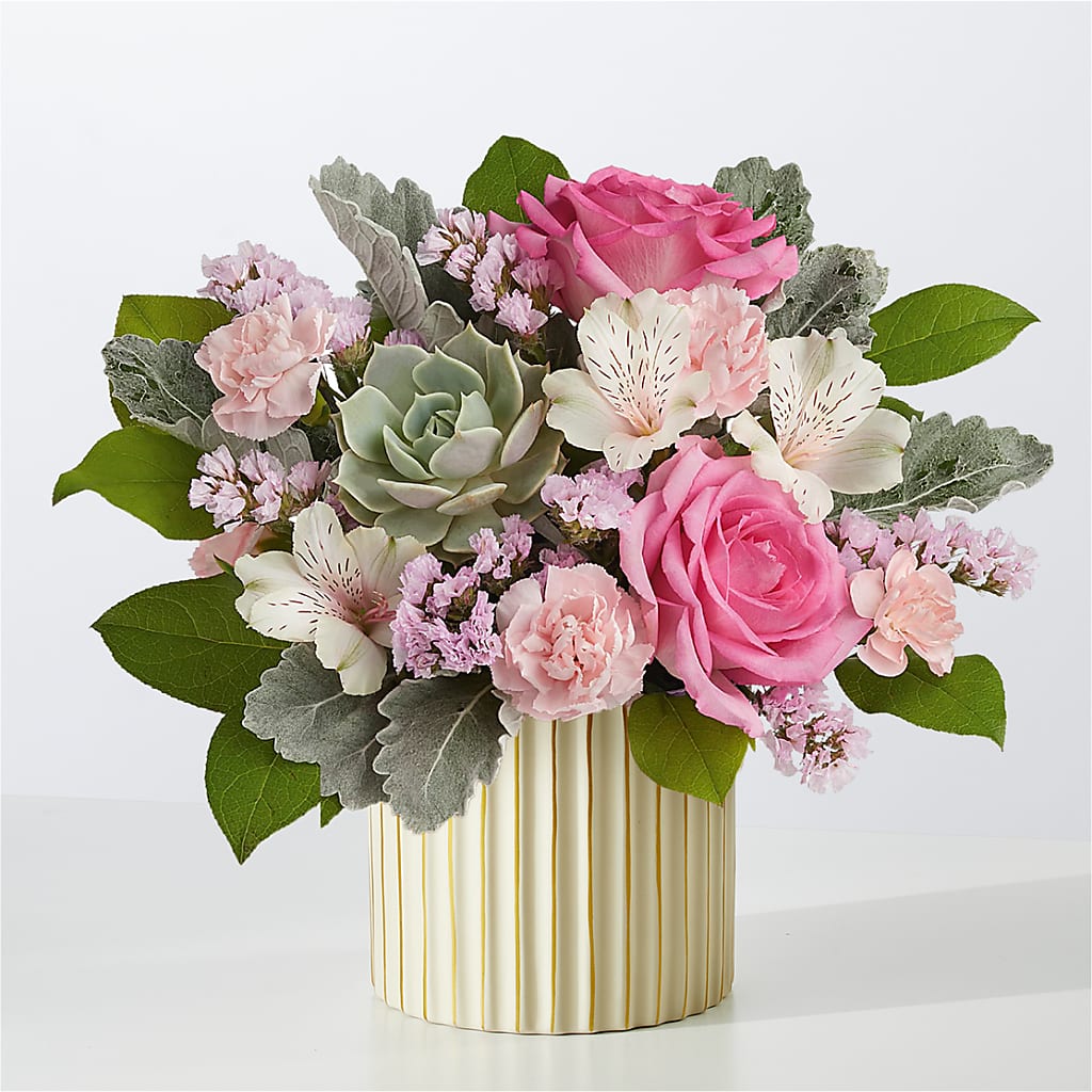 Dusty Rose Bouquet with Ivory Vase – Open Blooms Chantilly, Chantilly VA
