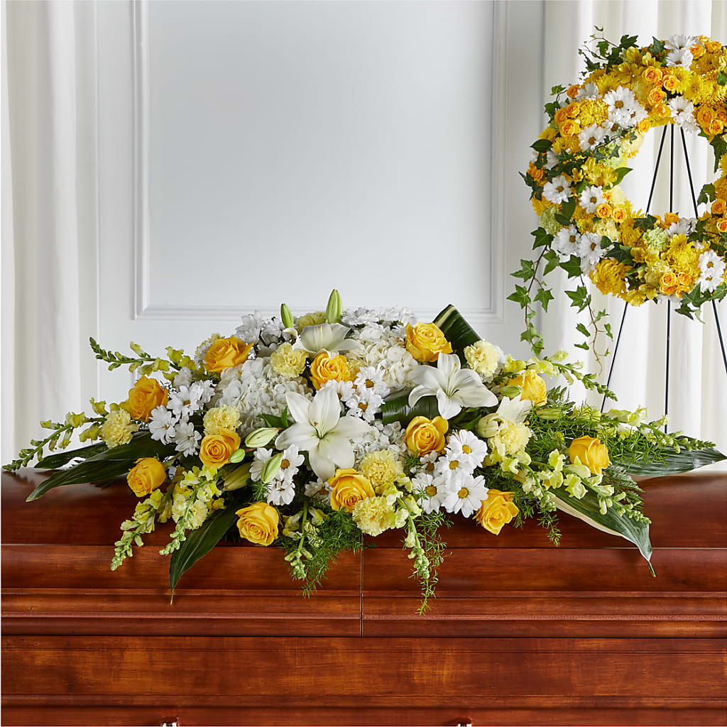 Golden Harmony Casket Spray – Open Blooms Chantilly, Chantilly VA