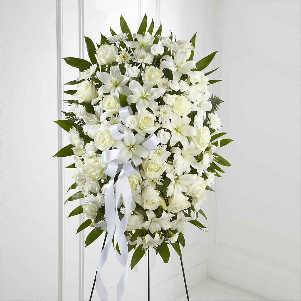 Exquisite Tribute Standing Spray-White Ribbon – Open Blooms Chantilly, Chantilly VA