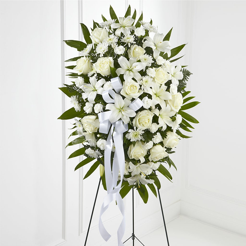 Exquisite Tribute Standing Spray-White Ribbon – Open Blooms Chantilly, Chantilly VA