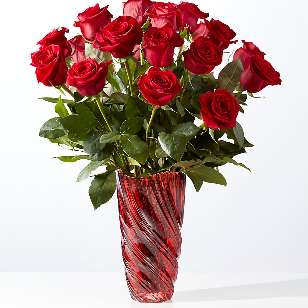 Classic Love Red Rose Bouquet with Luxe Swirl Vase – Open Blooms Chantilly, Chantilly VA