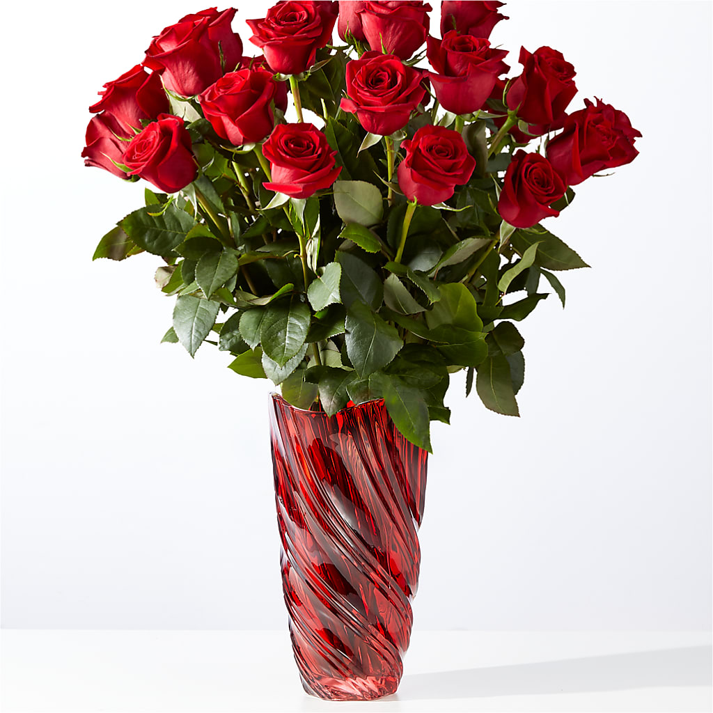 Classic Love Red Rose Bouquet with Luxe Swirl Vase – Open Blooms Chantilly, Chantilly VA