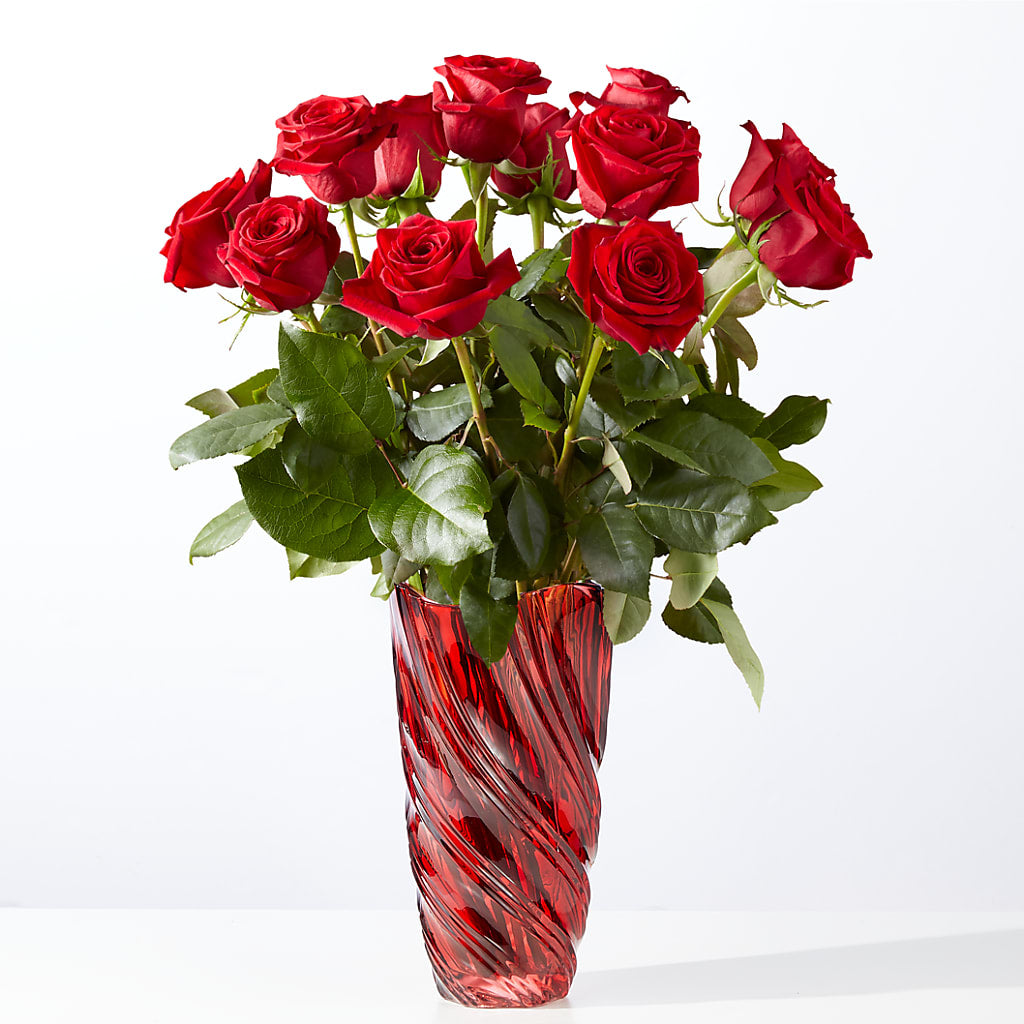 Classic Love Red Rose Bouquet with Luxe Swirl Vase – Open Blooms Chantilly, Chantilly VA