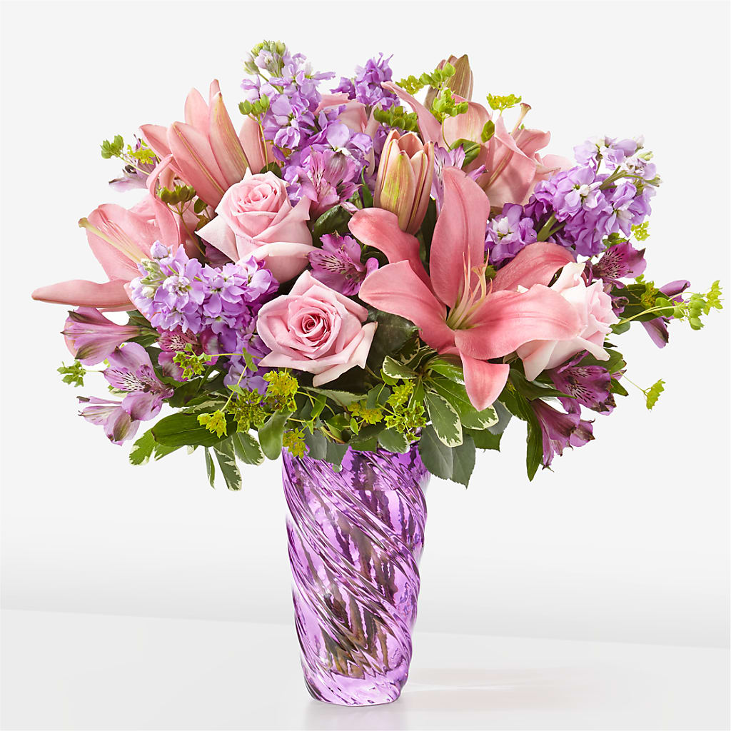 Precious Petals Bouquet with Luxe Swirl Vase – Open Blooms Chantilly, Chantilly VA