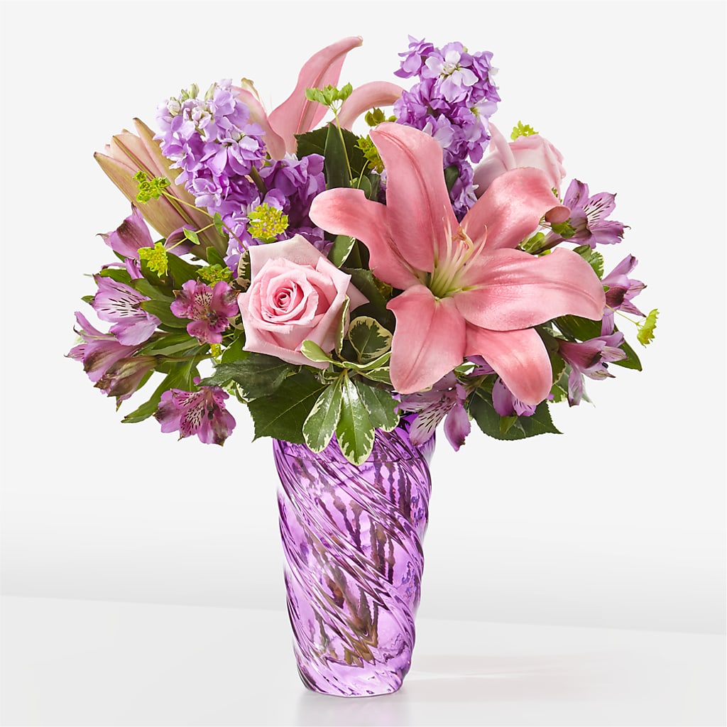 Precious Petals Bouquet with Luxe Swirl Vase – Open Blooms Chantilly, Chantilly VA